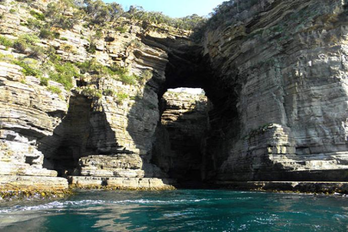 塔斯曼拱门是海水冲蚀所造成的天然石洞，其正式名称为海蚀洞或是海蚀拱门，是受潮汐长期侵蚀逐渐凹陷，最后被风浪挖穿形成的洞穴。这个经过数百万年的时间淬炼才形成的天然奇景，有如一座气势雄伟的石造拱门，拱门顶端离海52.7公尺高，崎岖的海岸线在这里没入幽静无声的峡谷，并向郁郁葱葱的森林公园延伸。
